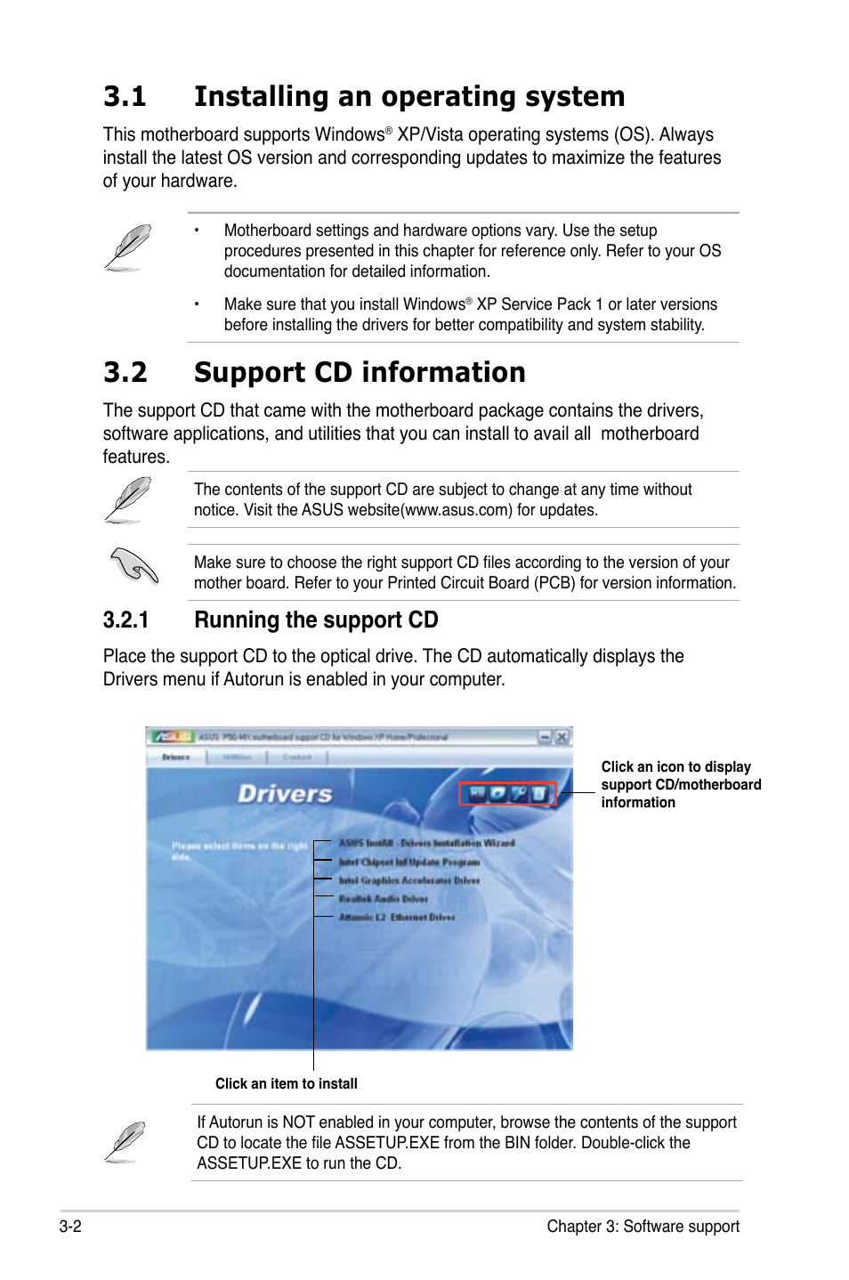 1 installing an operating system, 2 support cd information, 1 running the support cd | Asus P5G-MX User Manual | Page 80 / 88