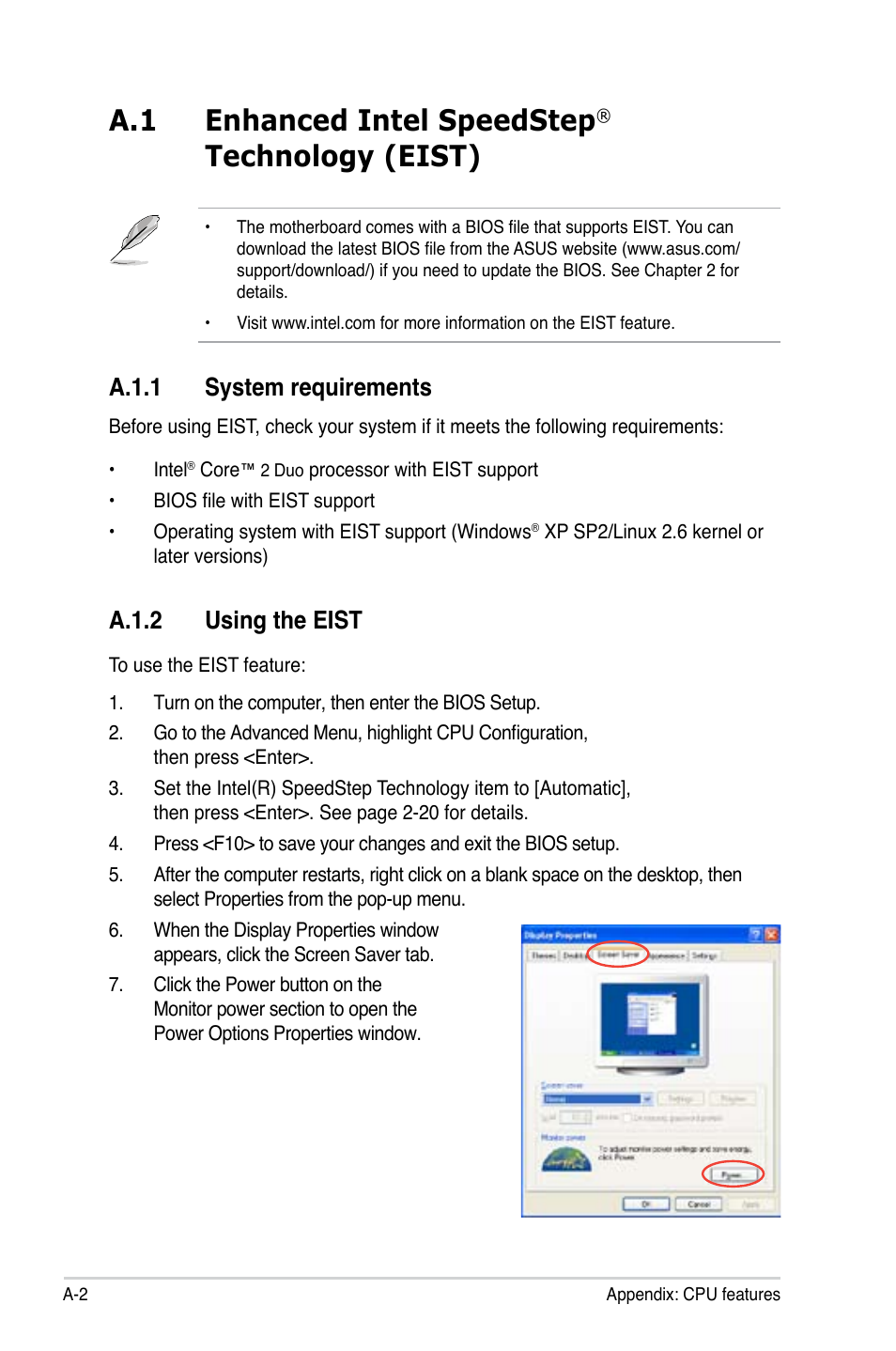 A.1 enhanced intel speedstep, Technology (eist), A.1.2 using the eist | A.1.1 system requirements | Asus P5G-MX User Manual | Page 86 / 88
