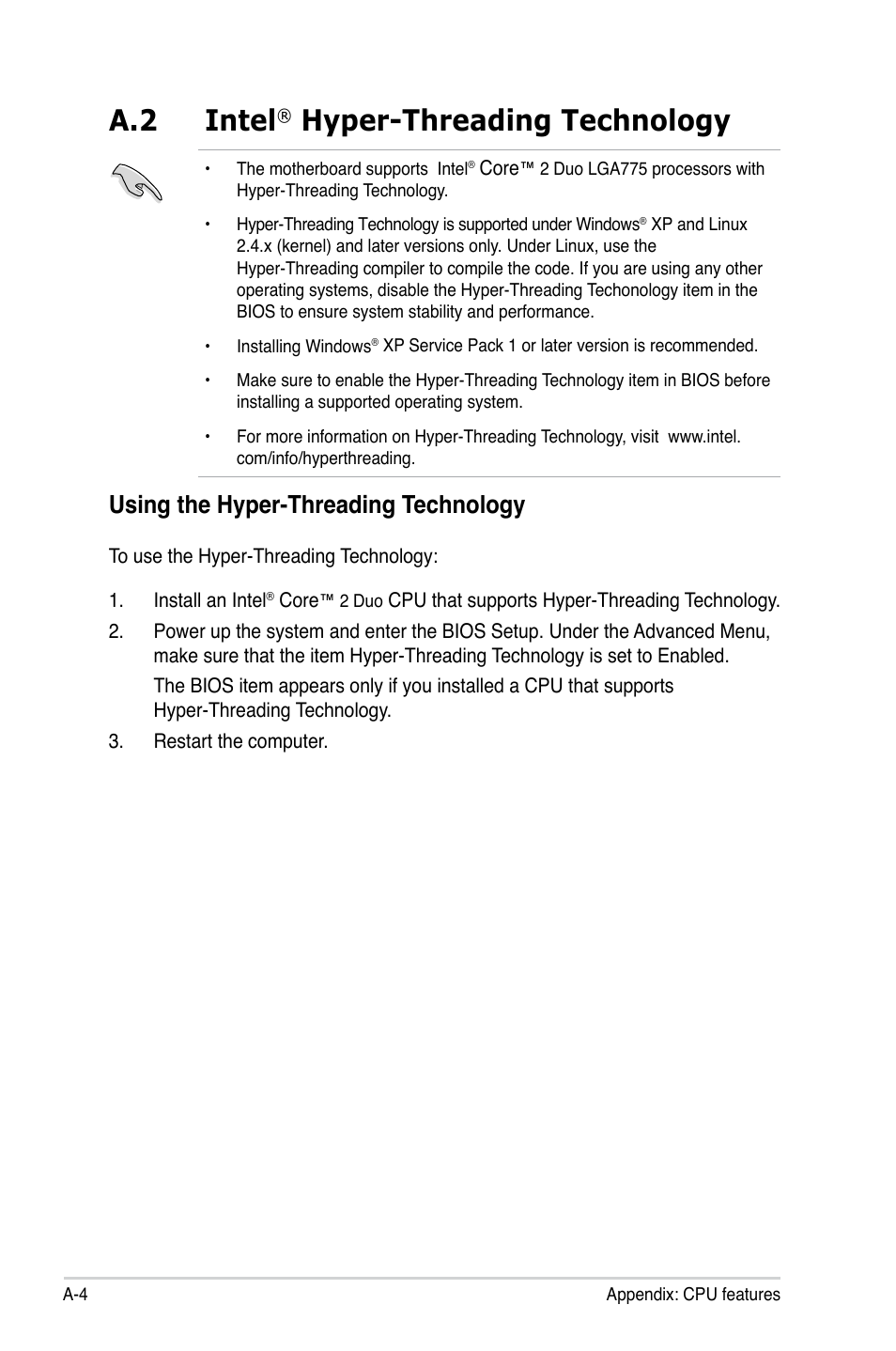 A.2 intel, Hyper-threading technology, Using the hyper-threading technology | Asus P5G-MX User Manual | Page 88 / 88