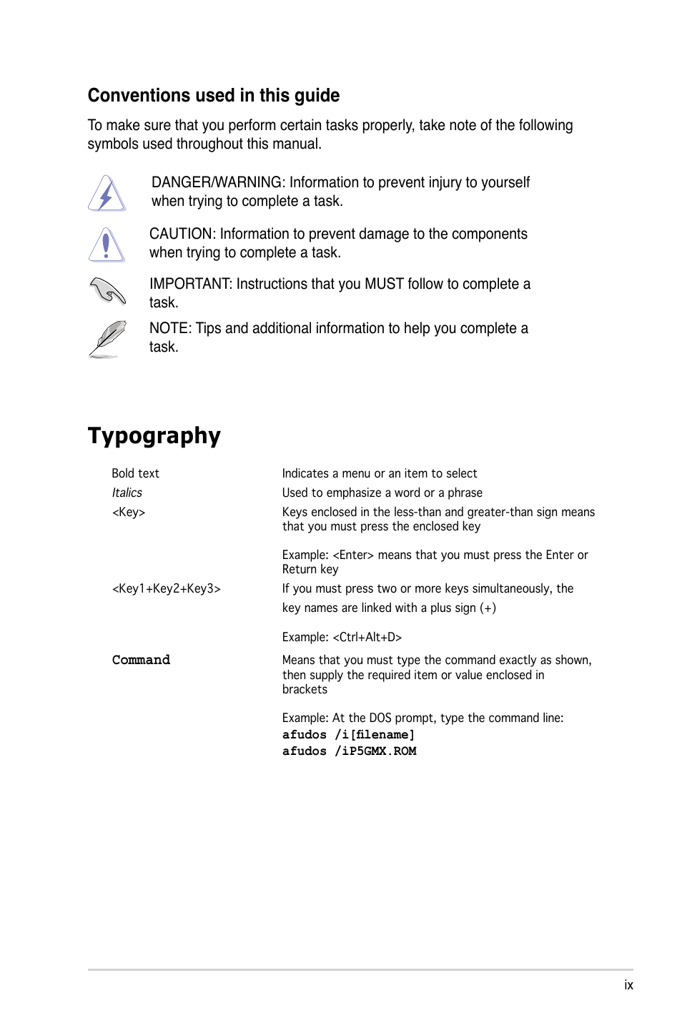 Typography, Conventions used in this guide | Asus P5G-MX User Manual | Page 9 / 88