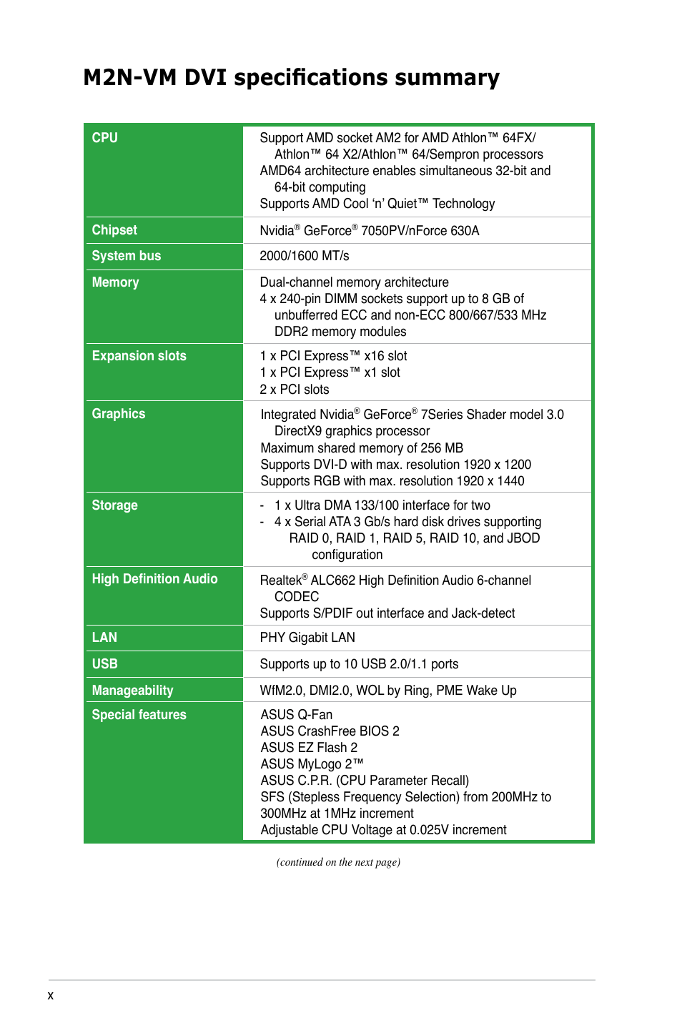 M2n-vm dvi specifications summary | Asus M2N-VM DVI User Manual | Page 10 / 98