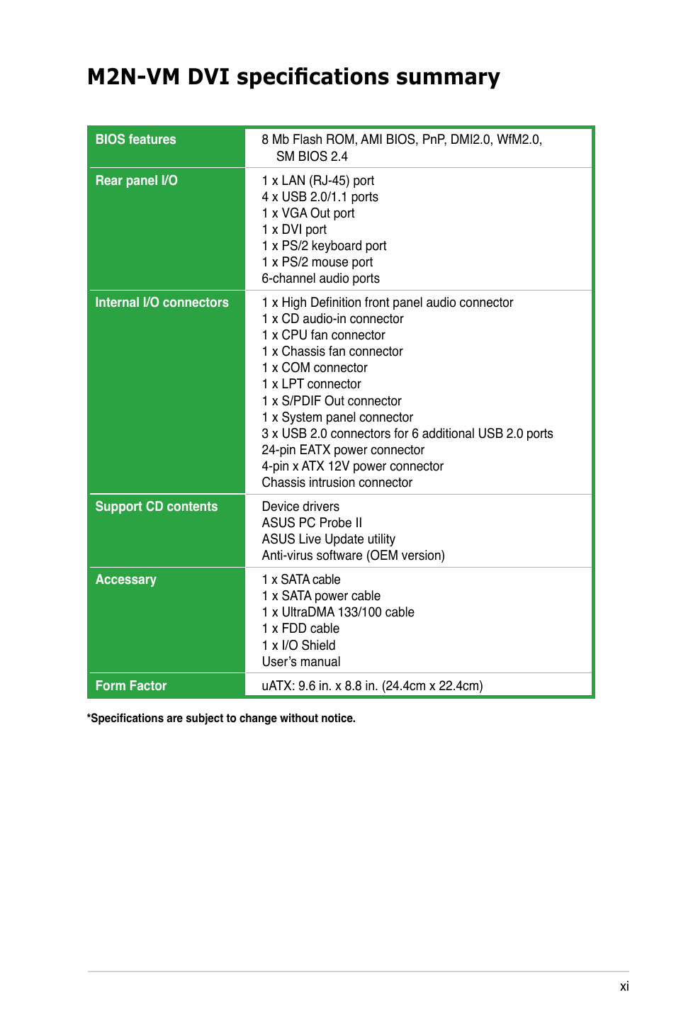 M2n-vm dvi specifications summary | Asus M2N-VM DVI User Manual | Page 11 / 98