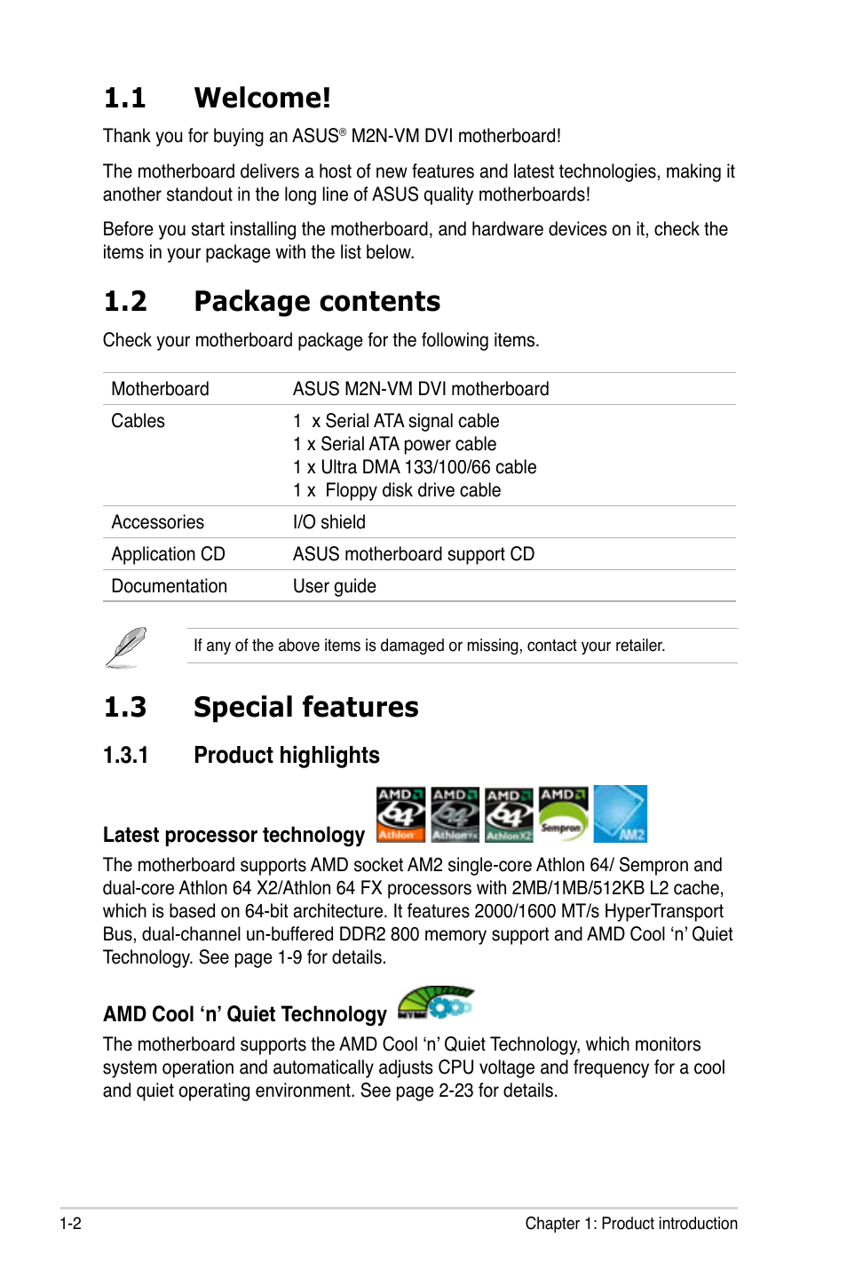 1 welcome, 2 package contents, 3 special features | Asus M2N-VM DVI User Manual | Page 14 / 98