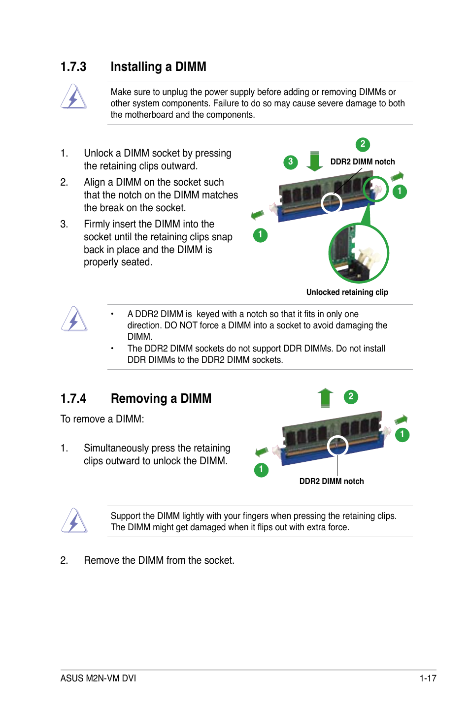 Installing.a.dimm, Removing.a.dimm | Asus M2N-VM DVI User Manual | Page 29 / 98