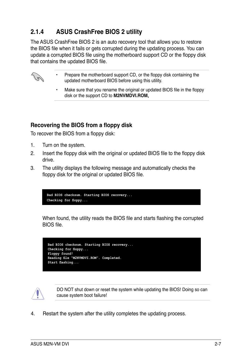 Asus.crashfree.bios.2.utility, Recovering the bios from a floppy disk | Asus M2N-VM DVI User Manual | Page 53 / 98