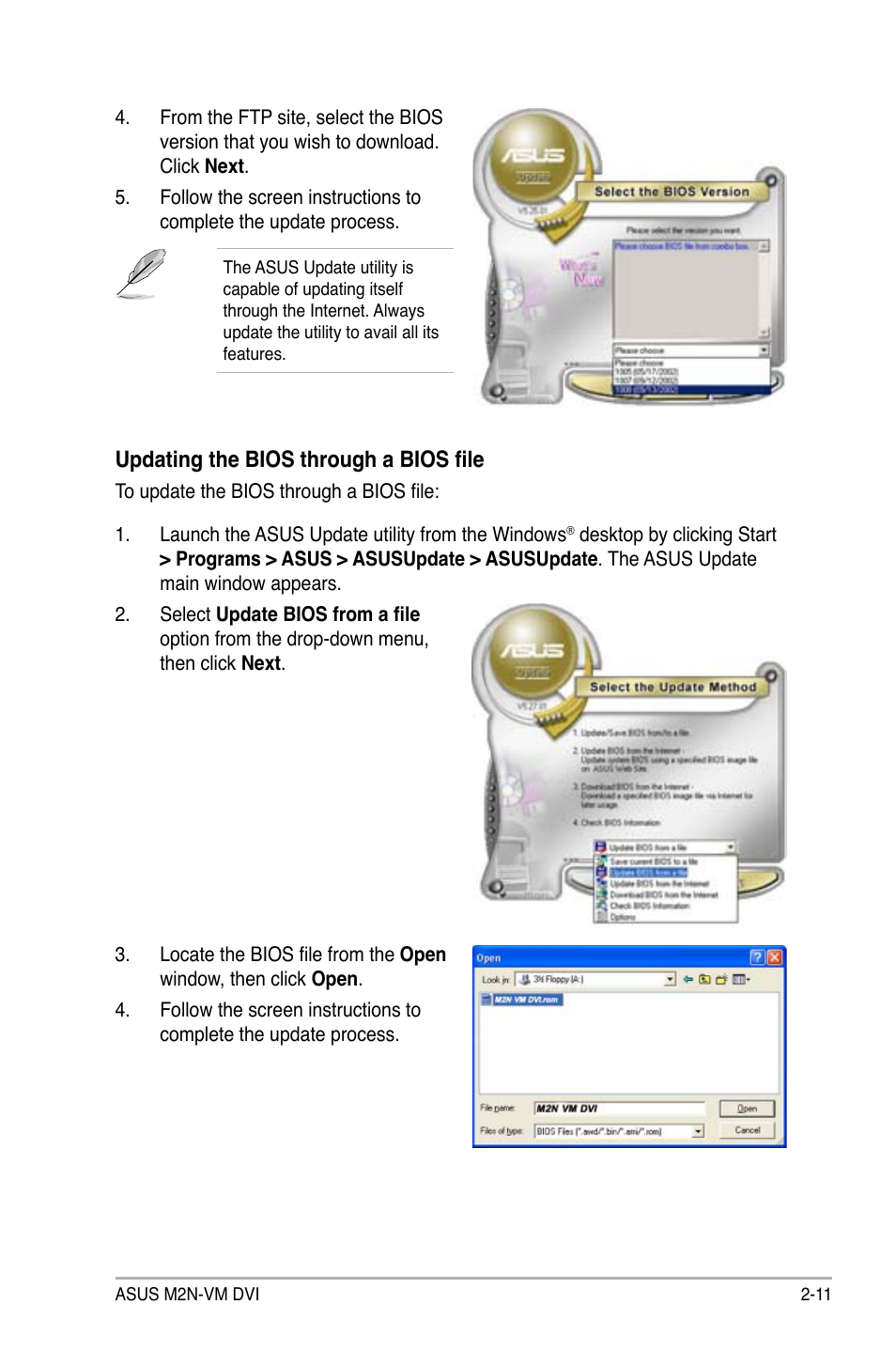 Updating the bios through a bios file | Asus M2N-VM DVI User Manual | Page 57 / 98