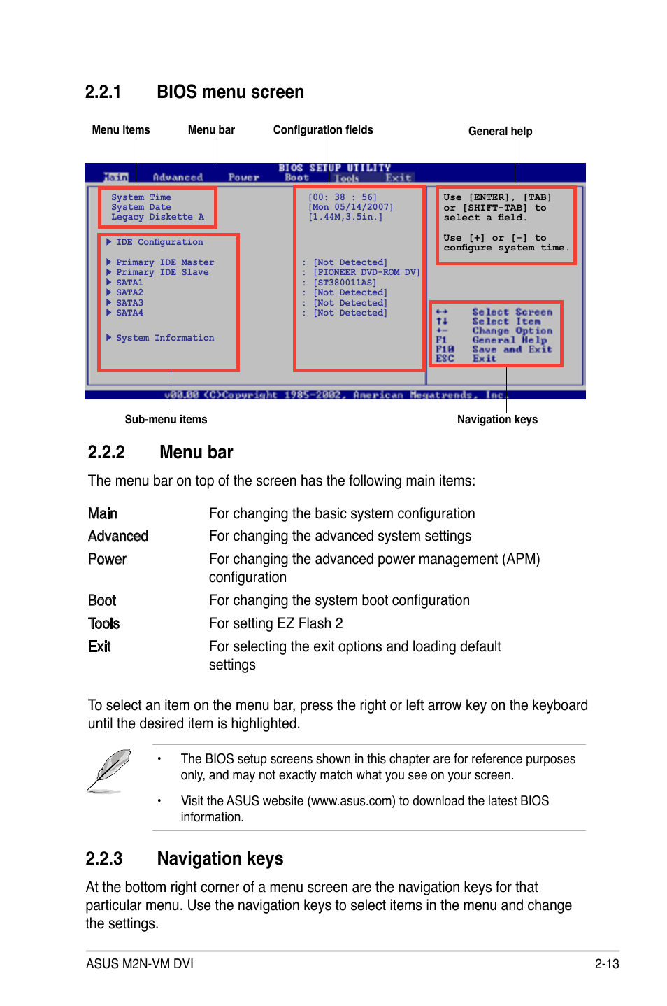 Bios.menu.screen, Menu.bar, Navigation.keys | Asus M2N-VM DVI User Manual | Page 59 / 98