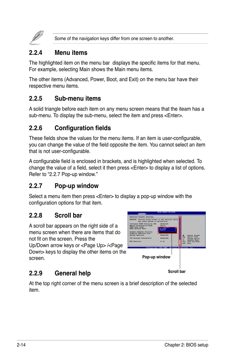 Menu.items, Sub-menu.items, 6 configuration fields | General.help, Pop-up.window, Scroll.bar | Asus M2N-VM DVI User Manual | Page 60 / 98