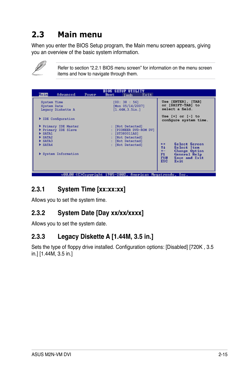 3 main menu, System.time.[xx:xx:xx | Asus M2N-VM DVI User Manual | Page 61 / 98