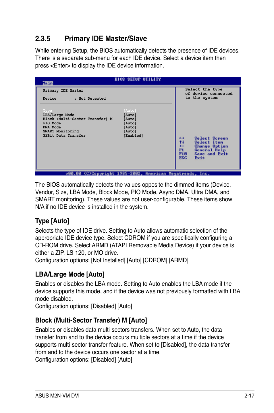 Primary.ide.master/slave, Type.[auto, Lba/large.mode.[auto | Block.(multi-sector.transfer).m.[auto | Asus M2N-VM DVI User Manual | Page 63 / 98