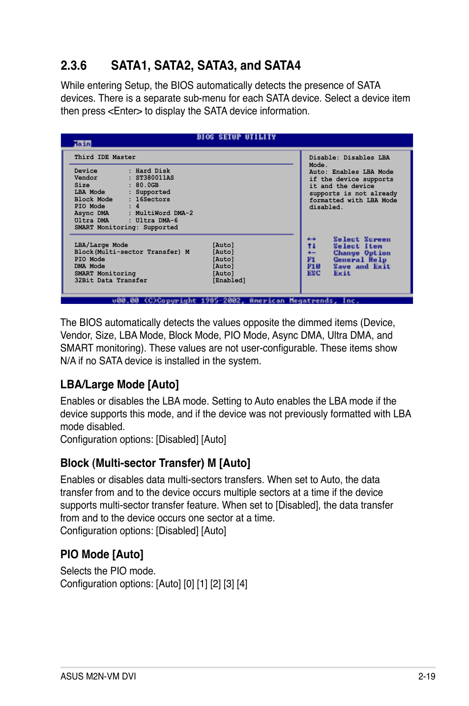 Sata1,.sata2,.sata3,.and.sata4, Lba/large.mode.[auto, Block.(multi-sector.transfer).m.[auto | Pio.mode.[auto | Asus M2N-VM DVI User Manual | Page 65 / 98