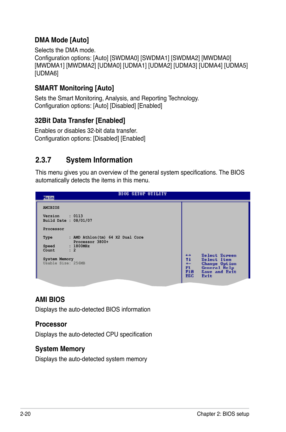 System.information, Dma.mode.[auto, Smart.monitoring.[auto | 32bit.data.transfer.[enabled, Ami.bios, Processor | Asus M2N-VM DVI User Manual | Page 66 / 98