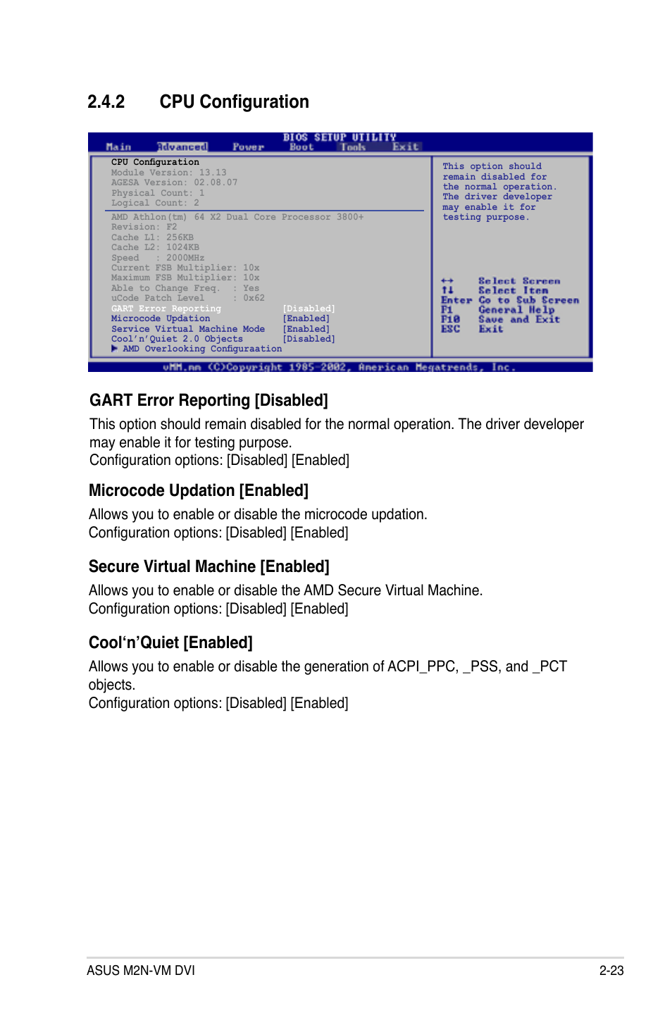 2 cpu configuration, Microcode.updation.[enabled, Secure.virtual.machine.[enabled | Cool‘n’quiet [enabled, Gart.error.reporting.[disabled | Asus M2N-VM DVI User Manual | Page 69 / 98
