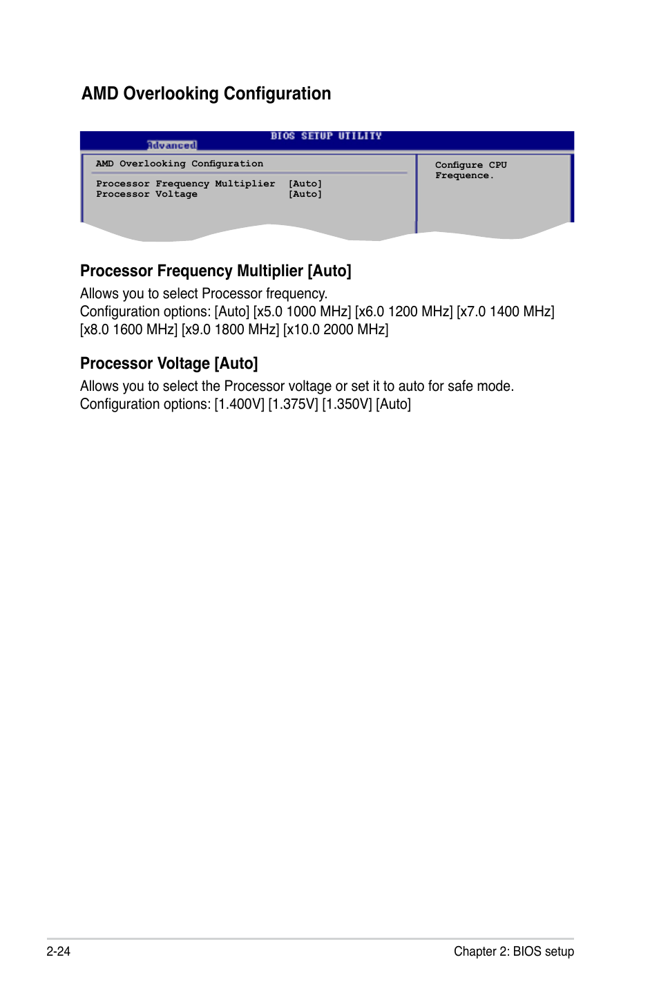 Amd overlooking configuration, Processor.frequency.multiplier.[auto, Processor.voltage.[auto | Asus M2N-VM DVI User Manual | Page 70 / 98