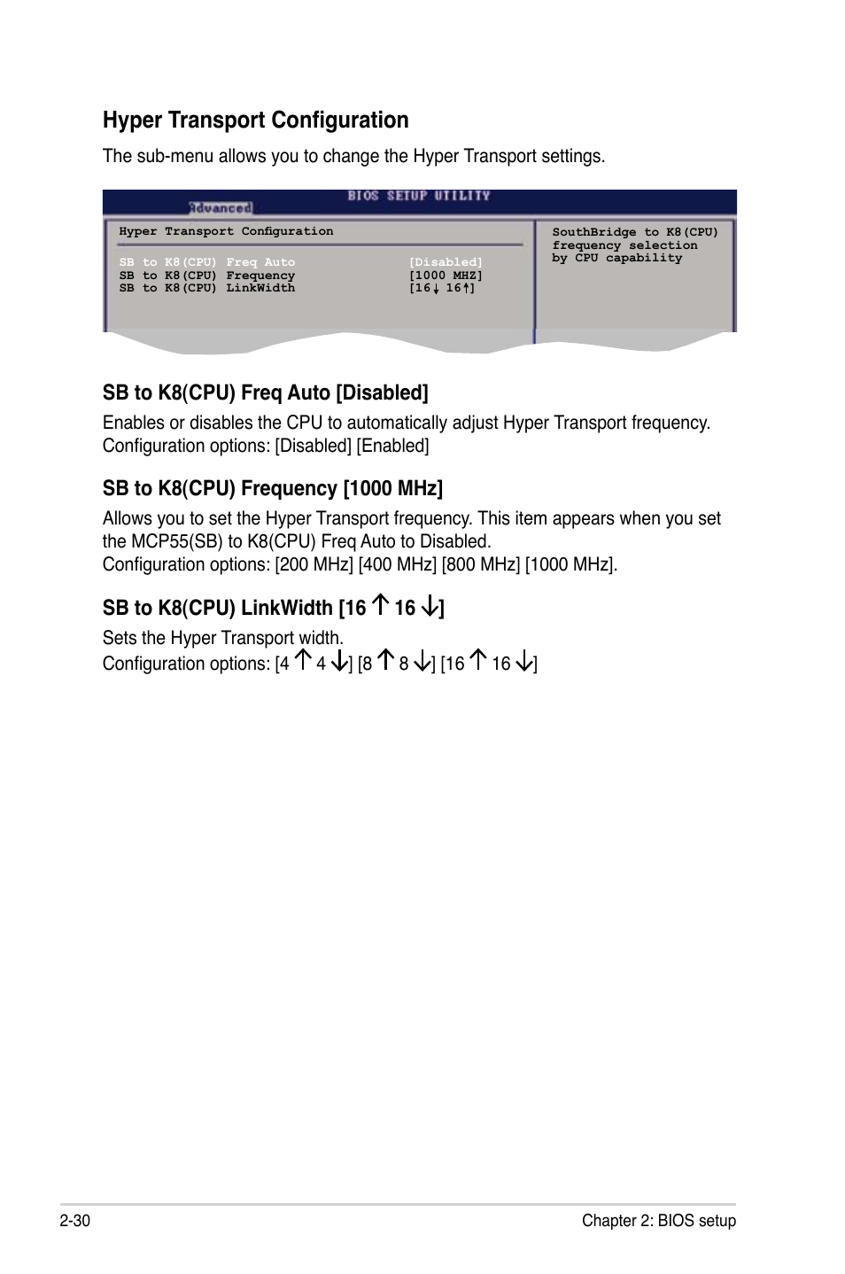 Hyper transport configuration, Sb.to.k8(cpu).freq.auto.[disabled, Sb.to.k8(cpu).linkwidth.[16 | Asus M2N-VM DVI User Manual | Page 76 / 98