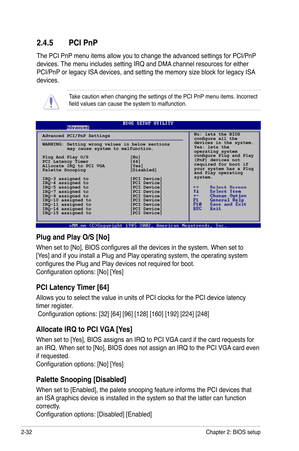 Pci.pnp, Plug.and.play.o/s.[no, Pci.latency.timer.[64 | Allocate irq to pci vga [yes, Palette.snooping.[disabled | Asus M2N-VM DVI User Manual | Page 78 / 98