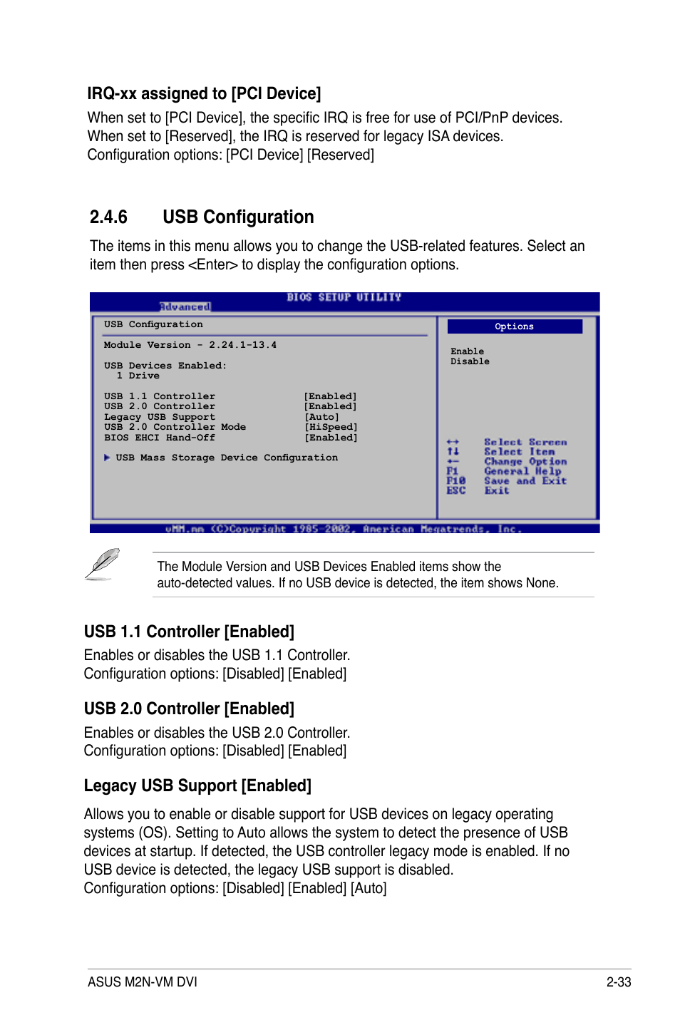 6 usb configuration, Irq-xx assigned to [pci device, Usb.1.1.controller.[enabled | Usb.2.0.controller.[enabled | Asus M2N-VM DVI User Manual | Page 79 / 98
