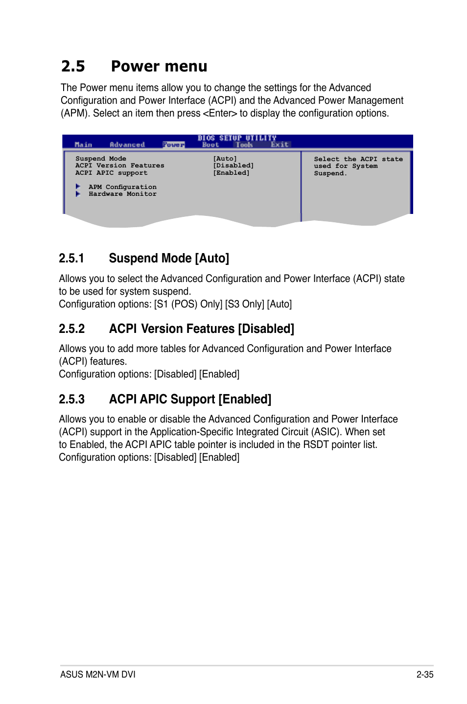 5 power menu, Suspend.mode.[auto, Acpi | Version.features.[disabled, Acpi.apic.support.[enabled | Asus M2N-VM DVI User Manual | Page 81 / 98