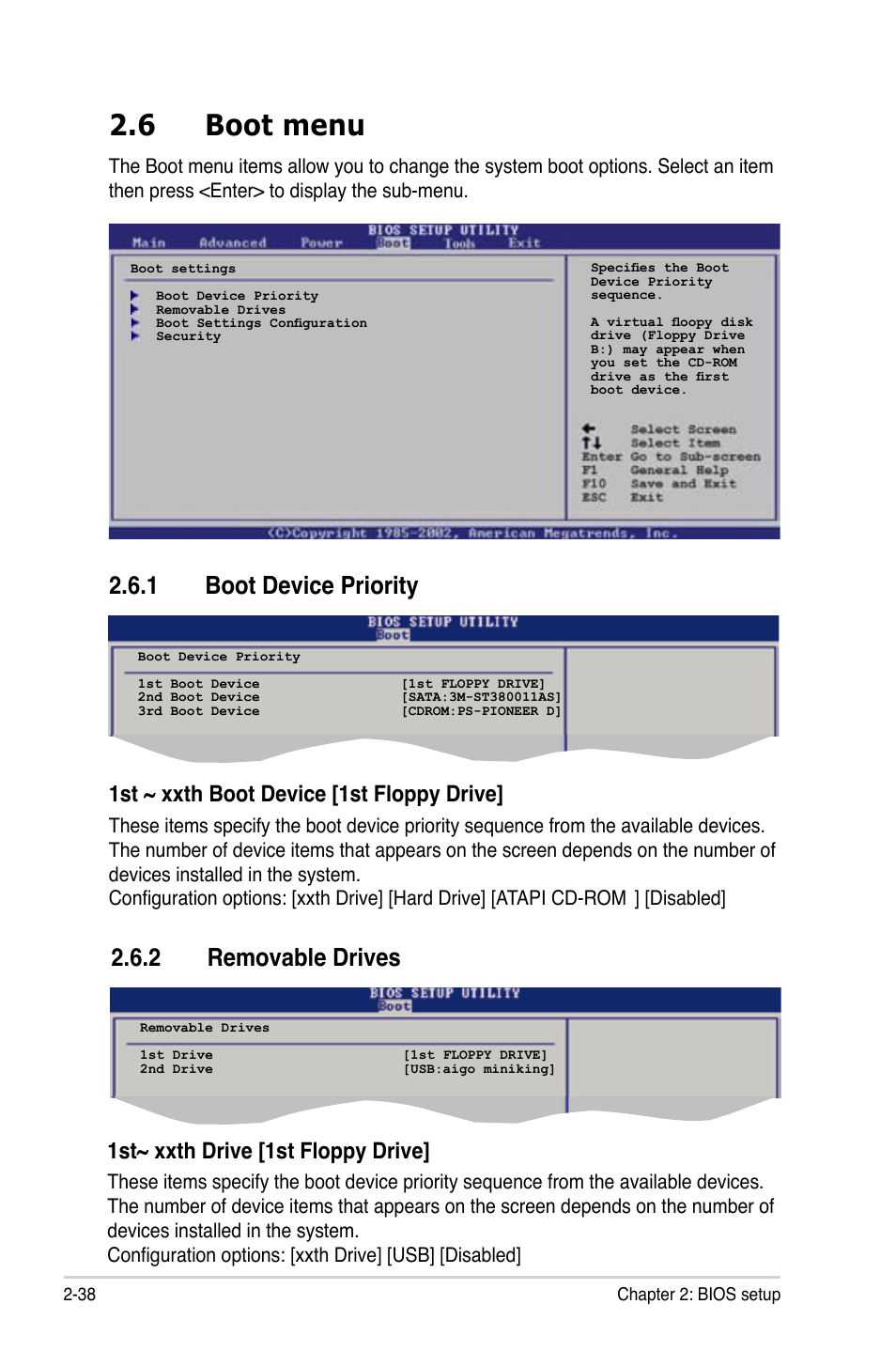 6 boot menu, Boot.device.priority, Removable.drives | 1st.~.xxth.boot.device.[1st.floppy.drive, 1st~.xxth.drive.[1st.floppy.drive, Disabled | Asus M2N-VM DVI User Manual | Page 84 / 98