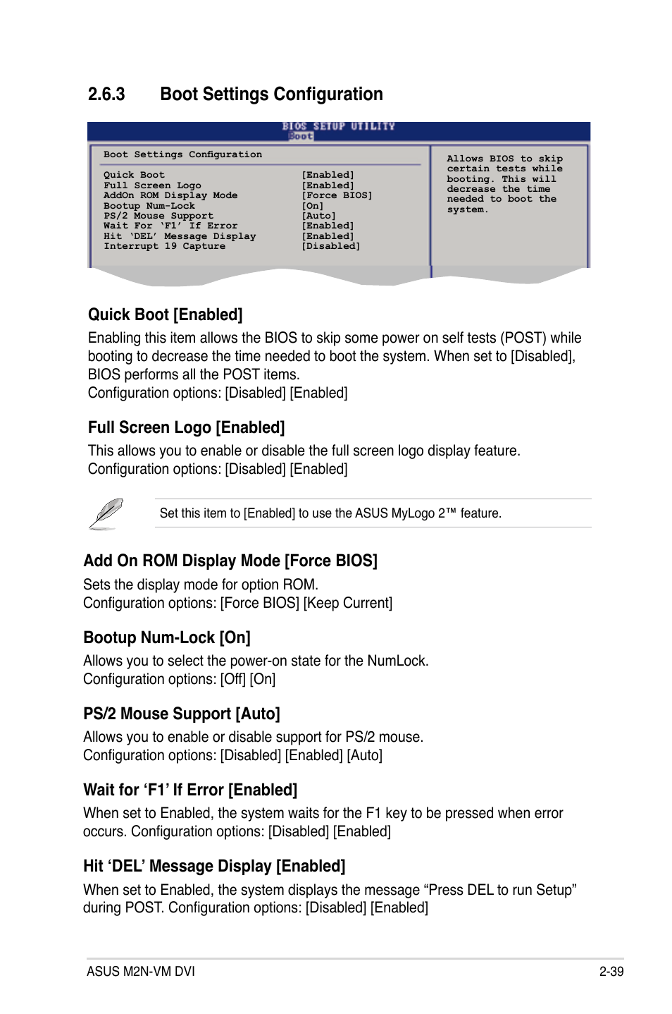 3 boot settings configuration, Quick boot [enabled, Full.screen.logo.[enabled | Add.on.rom.display.mode.[force.bios, Bootup.num-lock.[on, Ps/2.mouse.support.[auto, Wait for ‘f1’ if error [enabled, Hit ‘del’ message display [enabled | Asus M2N-VM DVI User Manual | Page 85 / 98