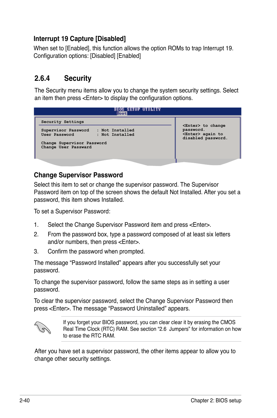 Security, Interrupt.19.capture.[disabled, Change.supervisor.password | Asus M2N-VM DVI User Manual | Page 86 / 98