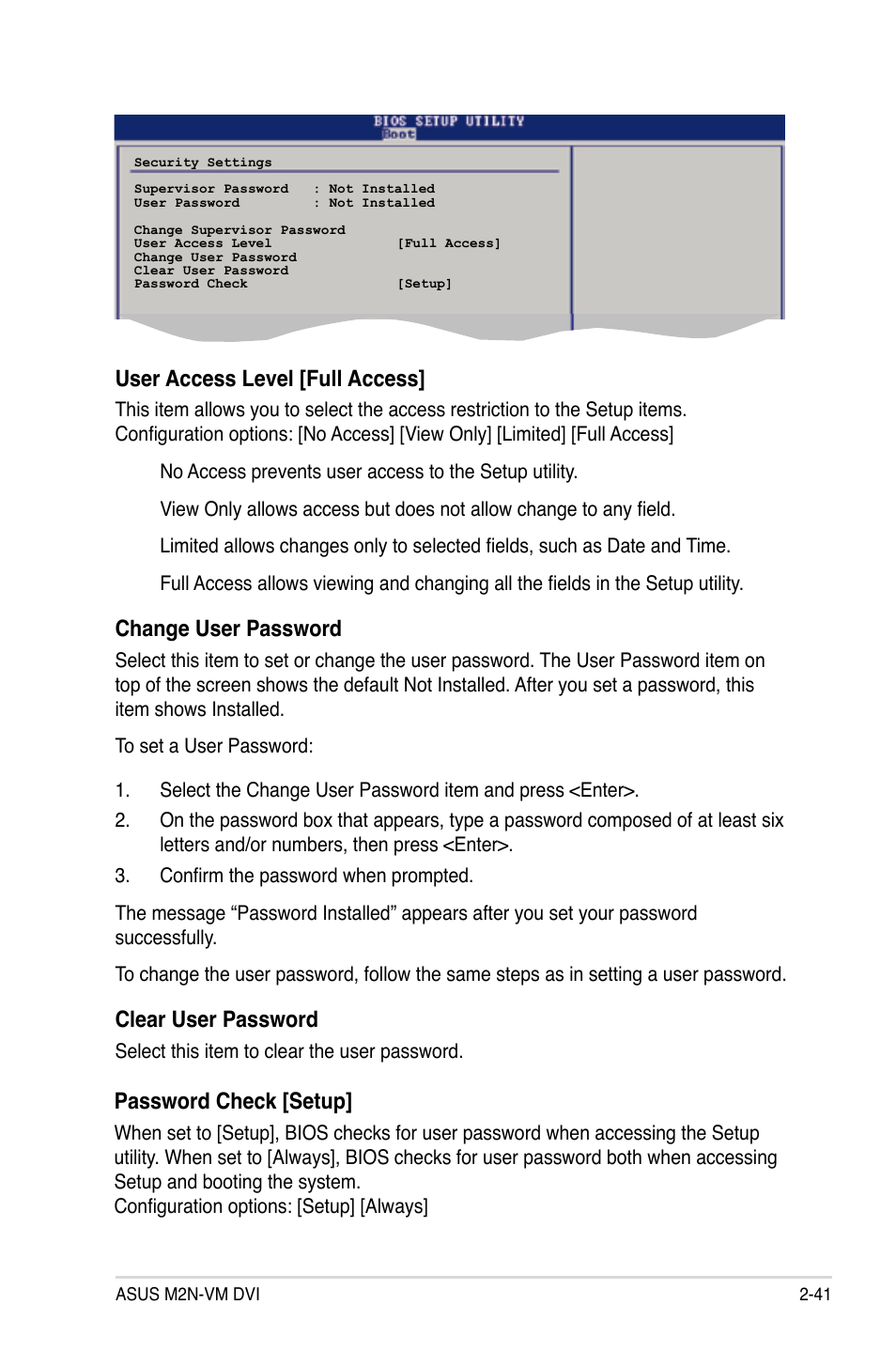 User.access.level.[full.access, Password.check.[setup | Asus M2N-VM DVI User Manual | Page 87 / 98