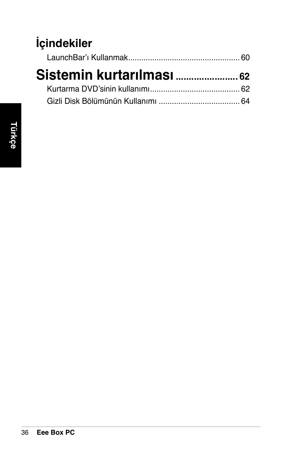 Sistemin kurtarılması, Içindekiler | Asus B202 User Manual | Page 36 / 64