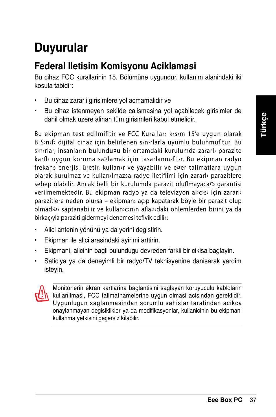 Duyurular, Federal iletisim komisyonu aciklamasi | Asus B202 User Manual | Page 37 / 64