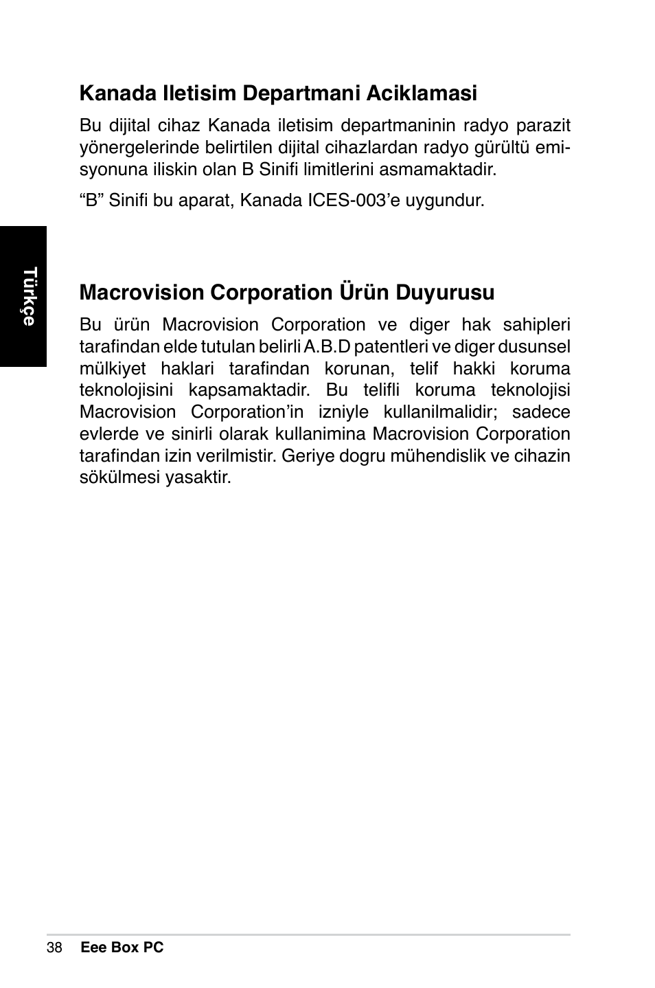 Kanada iletisim departmani aciklamasi, Macrovision corporation ürün duyurusu | Asus B202 User Manual | Page 38 / 64