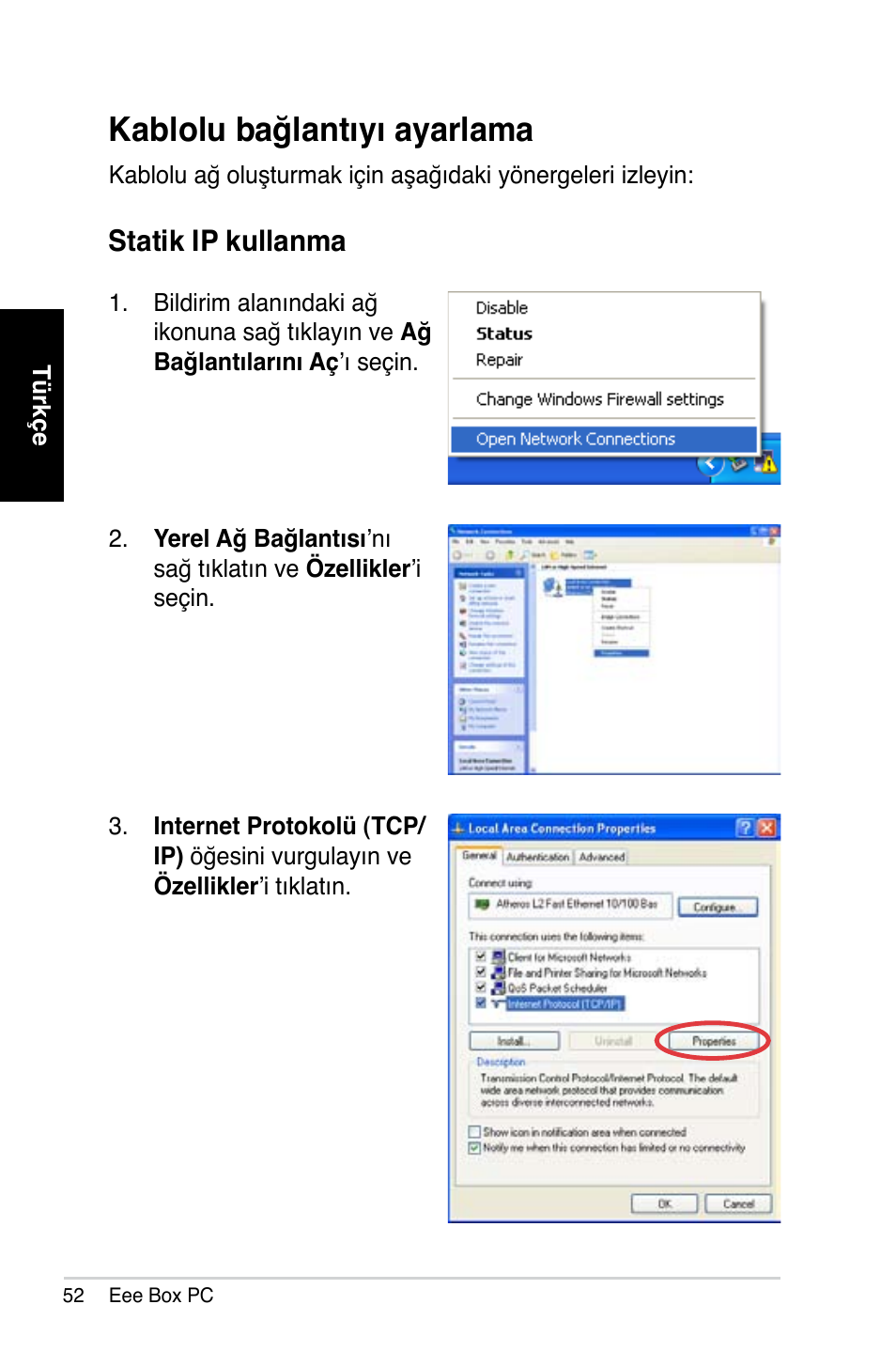 Kablolu bağlantıyı ayarlama, Statik ip kullanma | Asus B202 User Manual | Page 52 / 64