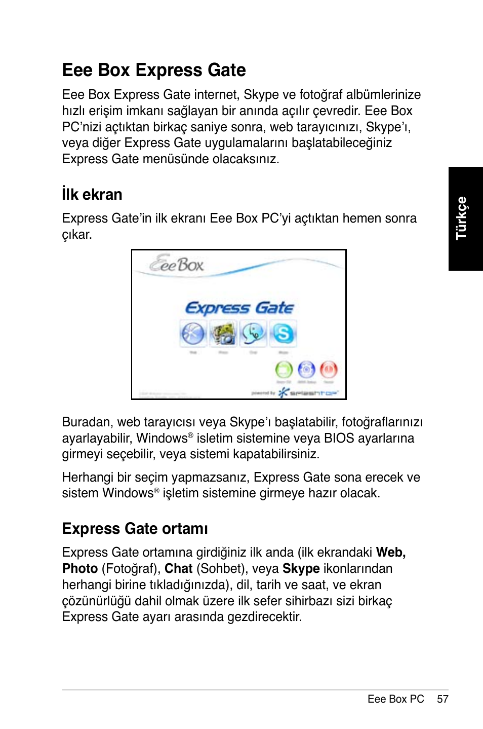 Eee box express gate, Ilk ekran, Express gate ortamı | Asus B202 User Manual | Page 57 / 64