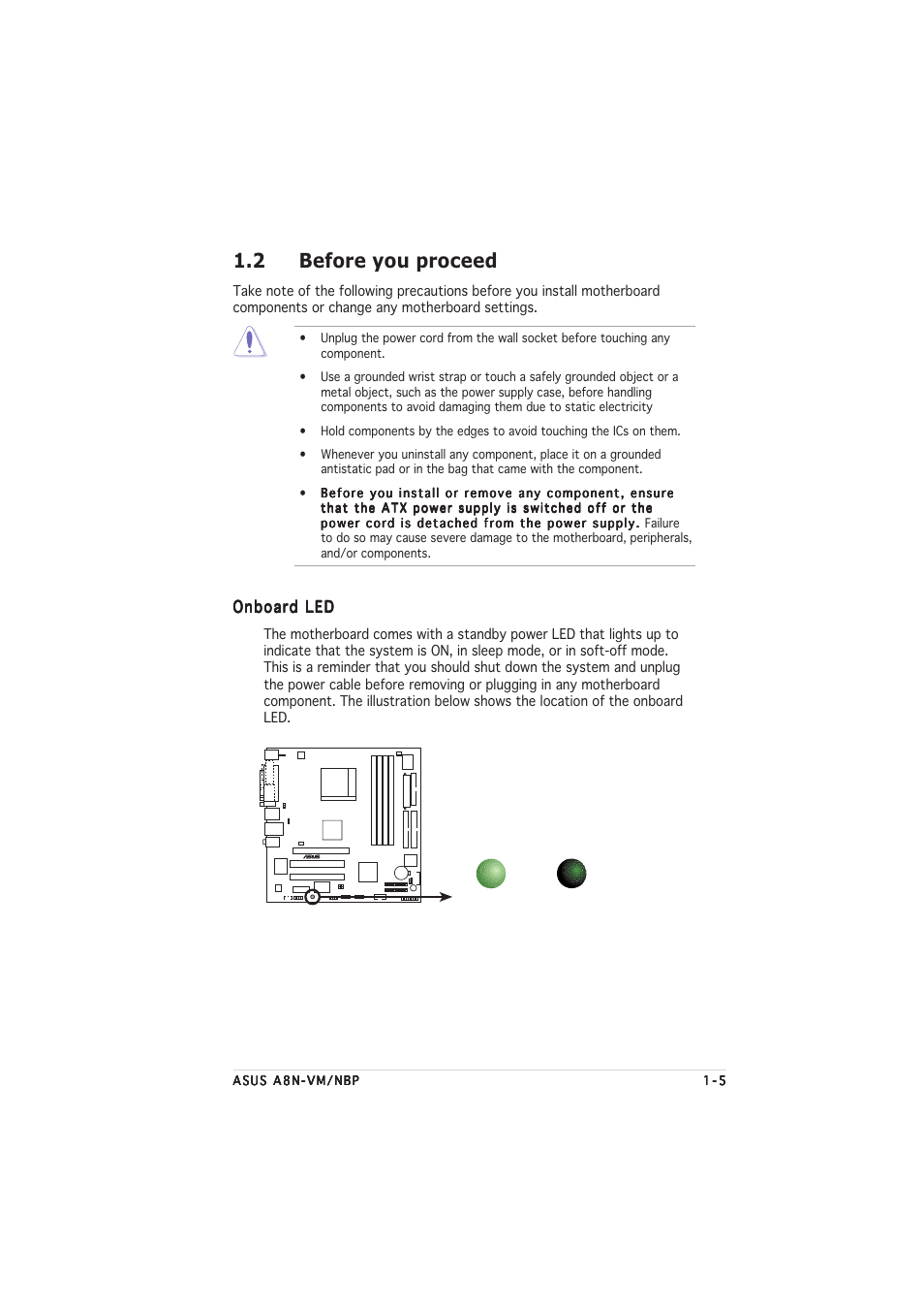 2 before you proceed, Onboard led | Asus A8N-VM CSM/NBP User Manual | Page 15 / 76