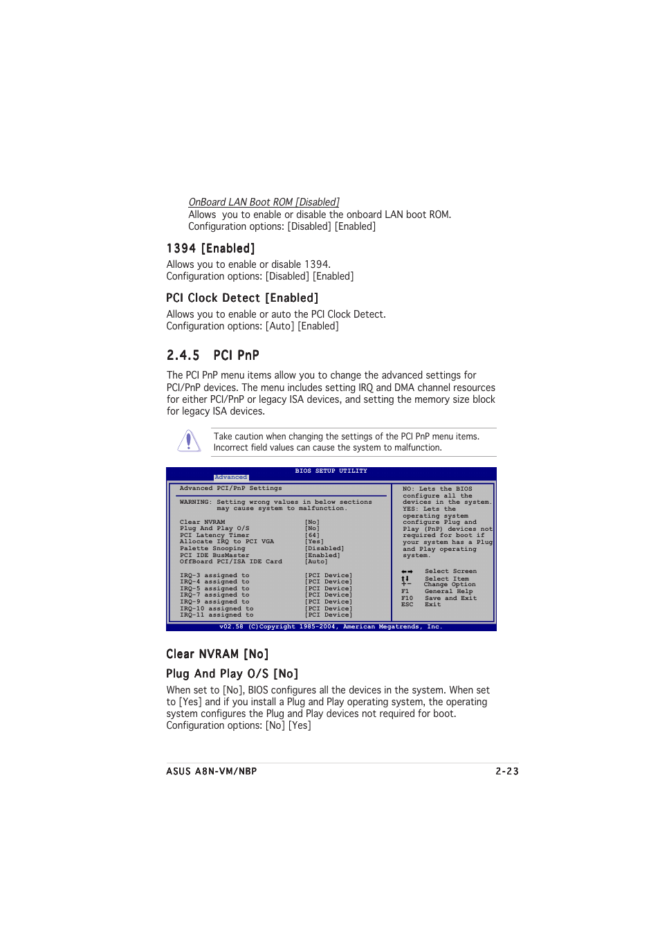 5 pci pnp pci pnp pci pnp pci pnp pci pnp, 1394 [enabled, Pci clock detect [enabled | Clear nvram [no | Asus A8N-VM CSM/NBP User Manual | Page 63 / 76