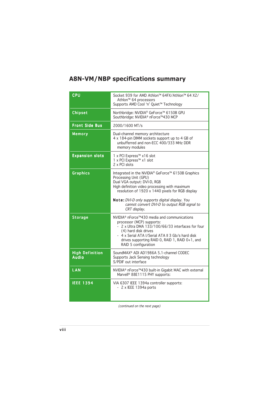 A8n-vm/nbp specifications summary | Asus A8N-VM CSM/NBP User Manual | Page 8 / 76