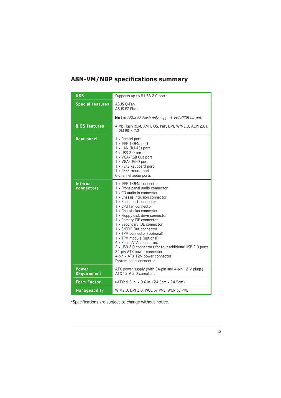 A8n-vm/nbp specifications summary | Asus A8N-VM CSM/NBP User Manual | Page 9 / 76