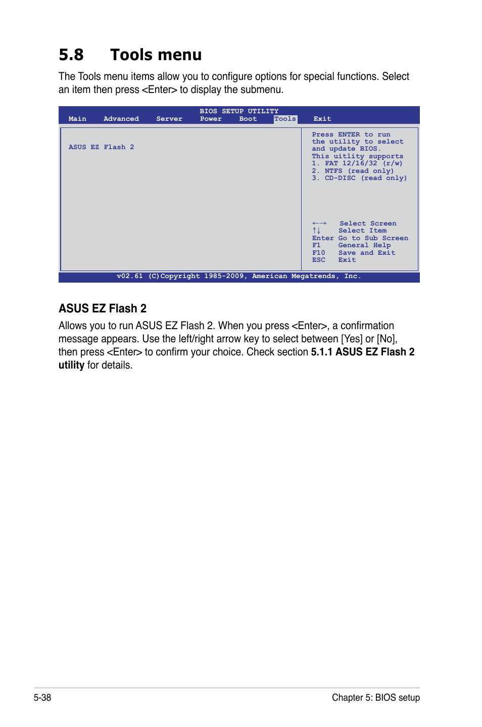 8 tools menu, Tools menu -38, Asus ez flash 2 | Asus RS500A-S6/PS4 User Manual | Page 102 / 116