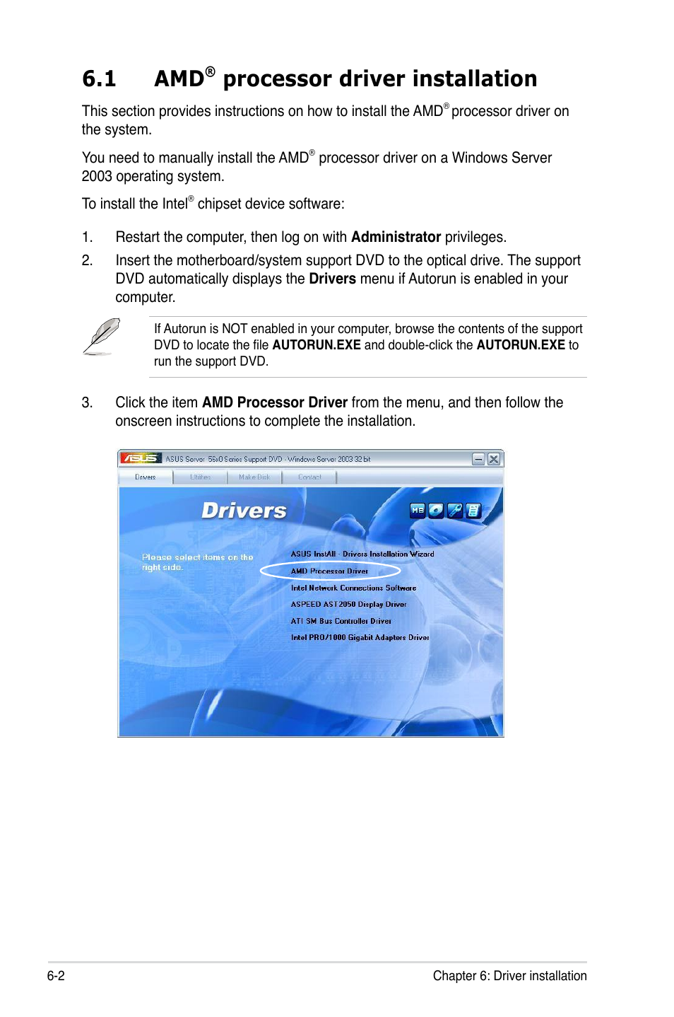 1 amd® processor driver installation, Processor driver installation -2, 1 amd | Processor driver installation | Asus RS500A-S6/PS4 User Manual | Page 106 / 116