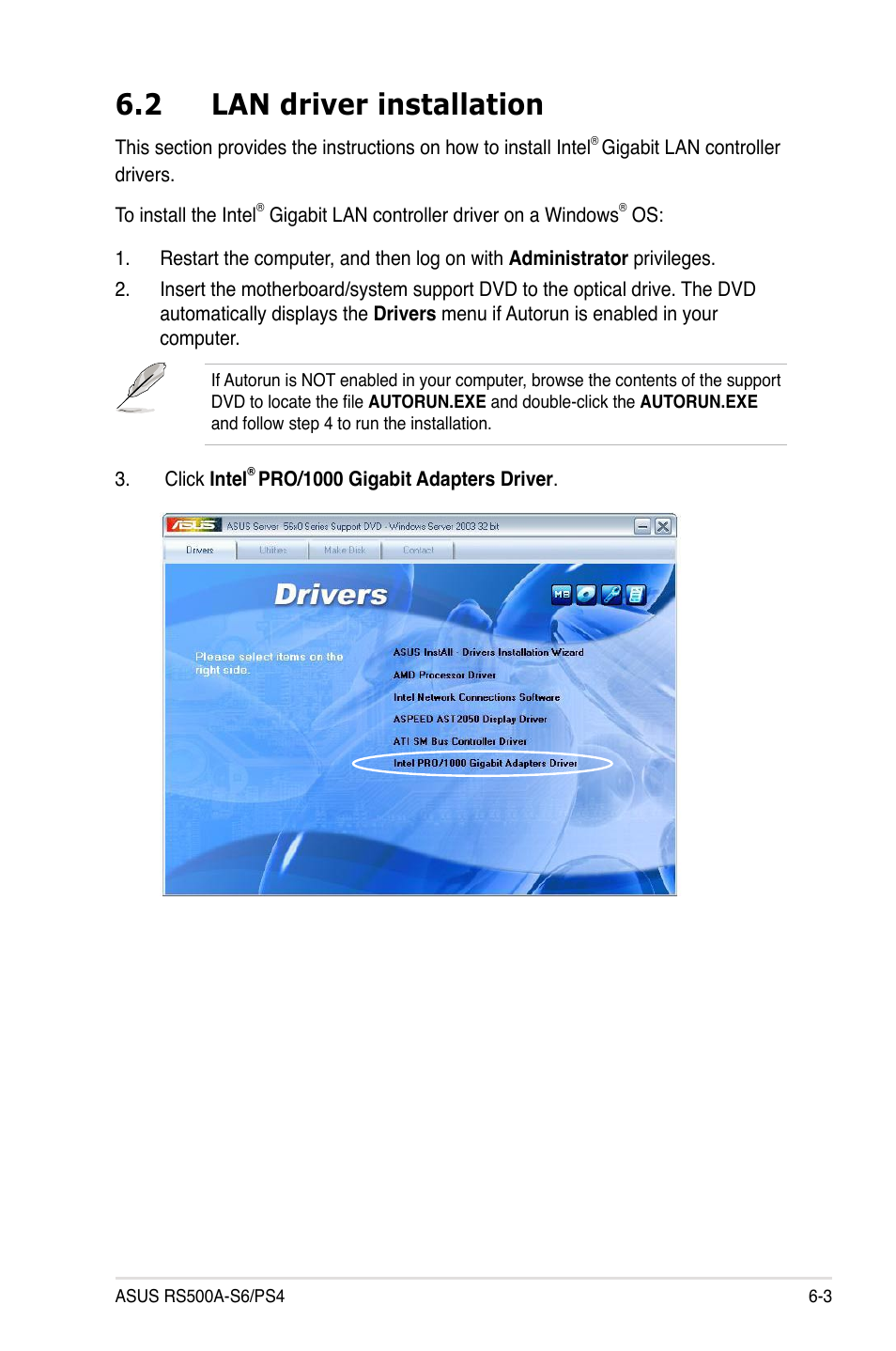 2 lan driver installation, Lan driver installation -3 | Asus RS500A-S6/PS4 User Manual | Page 107 / 116