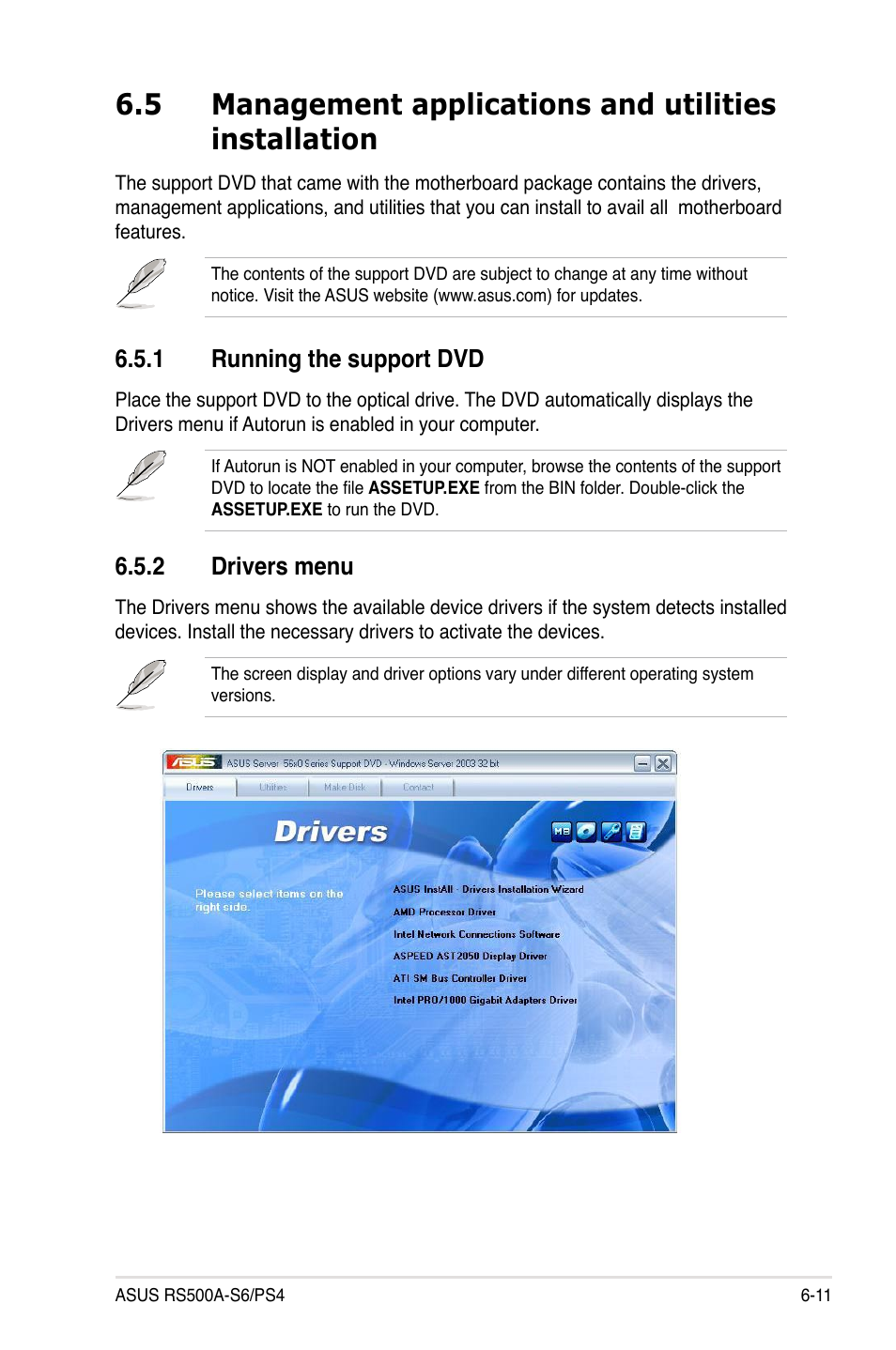 1 running the support dvd, 2 drivers menu, Running the support dvd -11 | Drivers menu -11 | Asus RS500A-S6/PS4 User Manual | Page 115 / 116