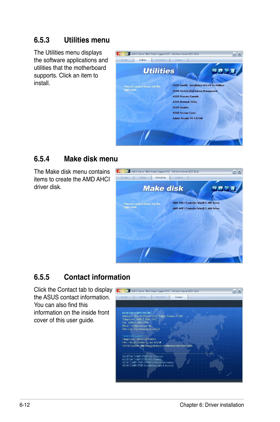 3 utilities menu, 4 make disk menu, 5 contact information | Utilities menu -12, Make disk menu -12, Contact information -12 | Asus RS500A-S6/PS4 User Manual | Page 116 / 116