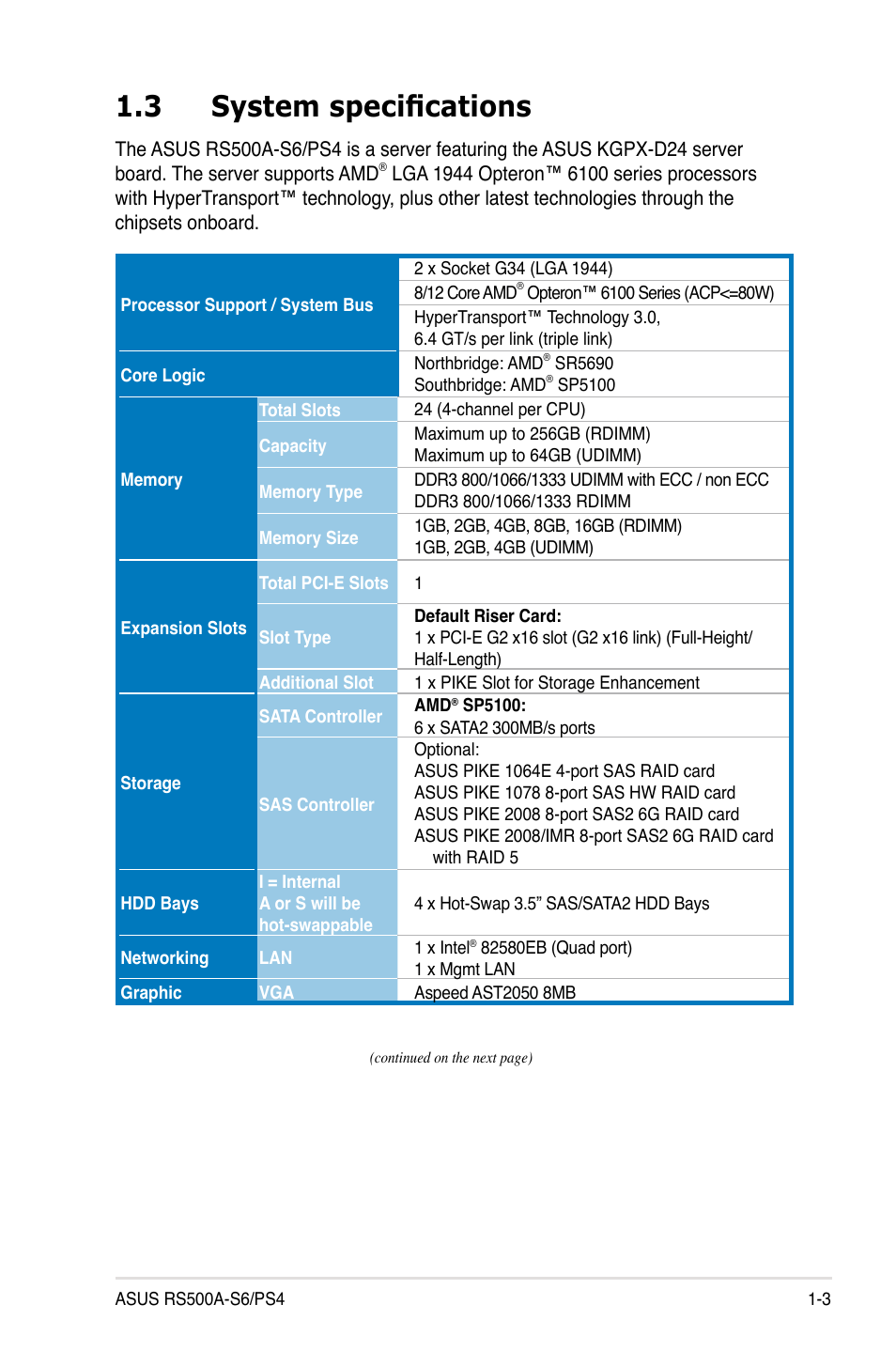 3 system specifications, System specifications -3 | Asus RS500A-S6/PS4 User Manual | Page 13 / 116