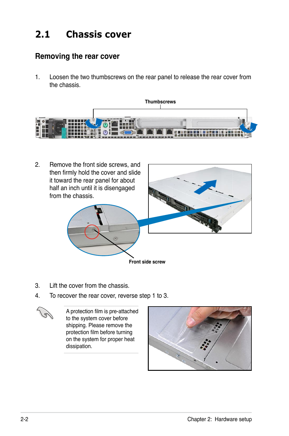 1 chassis cover, Chassis cover -2, Removing the rear cover | Asus RS500A-S6/PS4 User Manual | Page 20 / 116