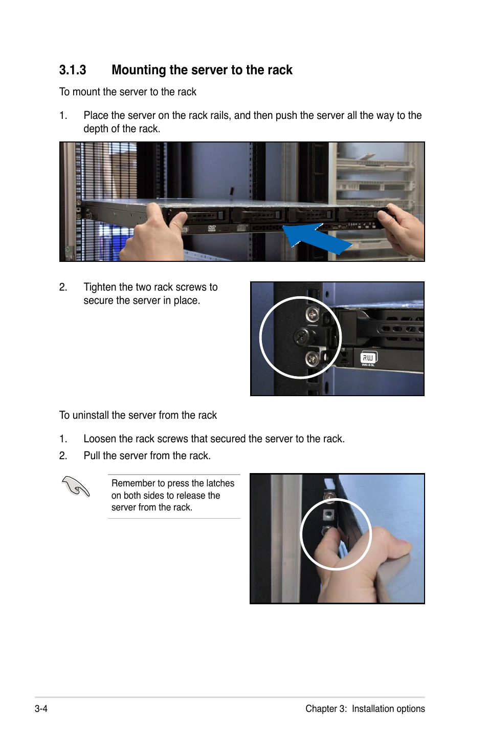 3 mounting the server to the rack, Mounting the server to the rack -4 | Asus RS500A-S6/PS4 User Manual | Page 44 / 116