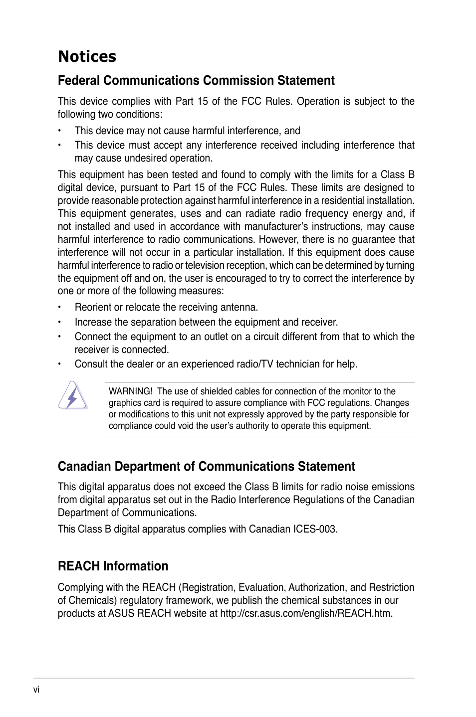 Notices, Federal communications commission statement, Canadian department of communications statement | Reach information | Asus RS500A-S6/PS4 User Manual | Page 6 / 116