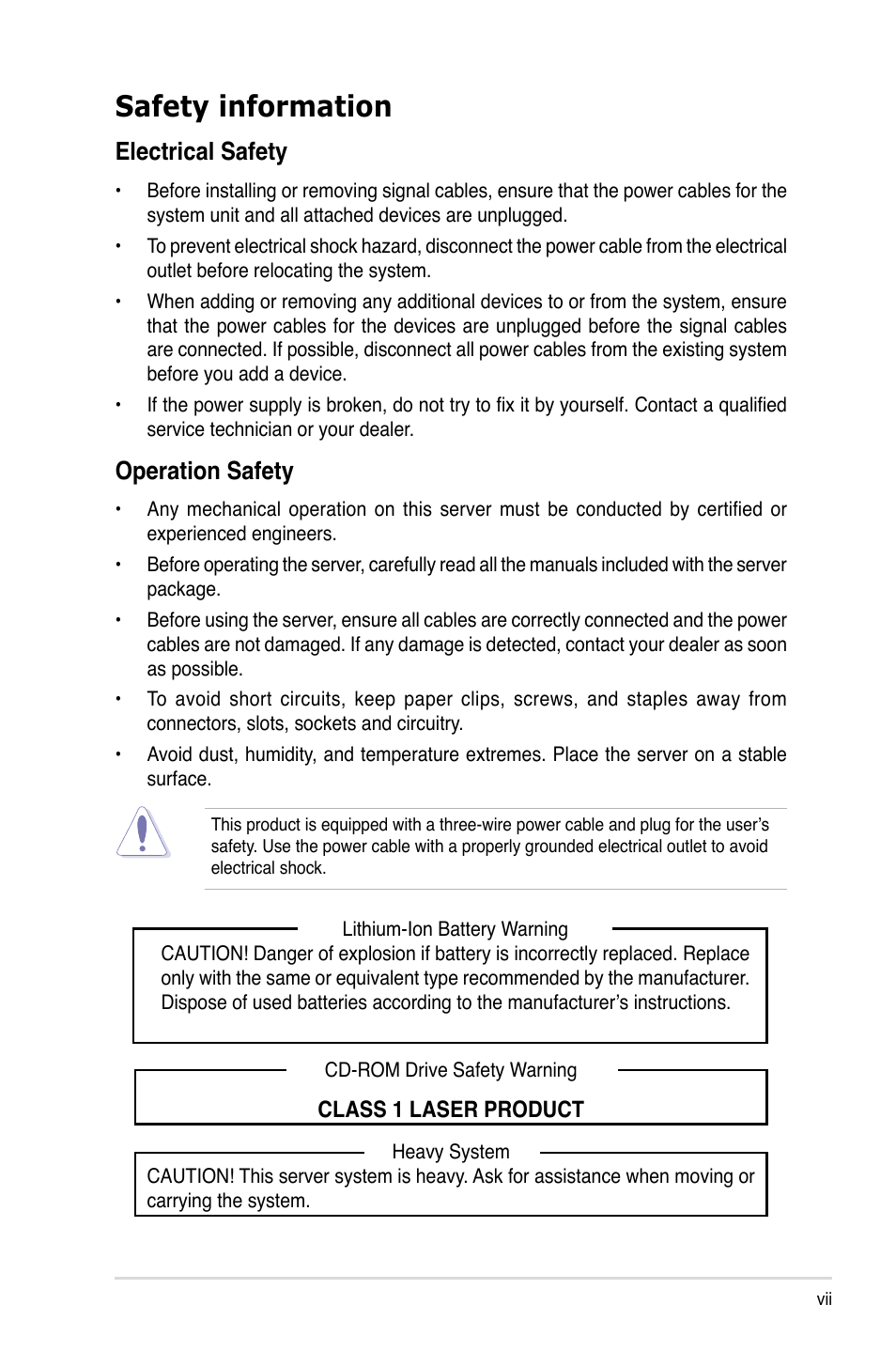 Safety information, Electrical safety, Operation safety | Asus RS500A-S6/PS4 User Manual | Page 7 / 116