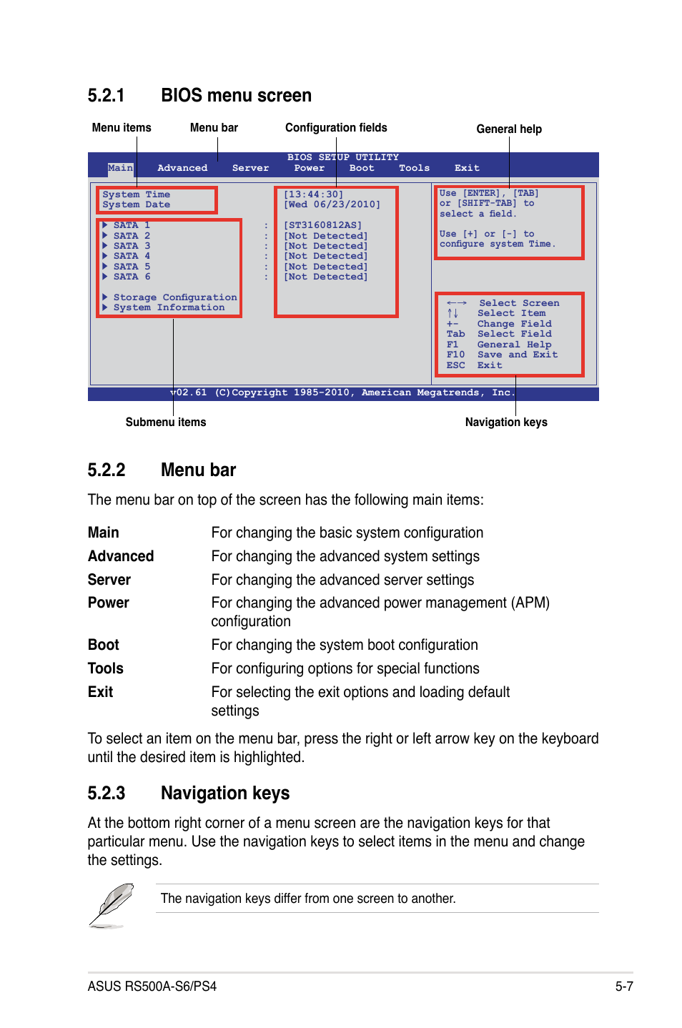 1 bios menu screen, 2 menu bar, 3 navigation keys | Bios menu screen -7, Menu bar -7, Navigation keys -7 | Asus RS500A-S6/PS4 User Manual | Page 71 / 116