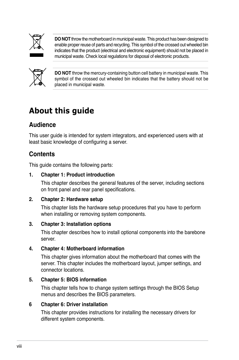Asus RS500A-S6/PS4 User Manual | Page 8 / 116
