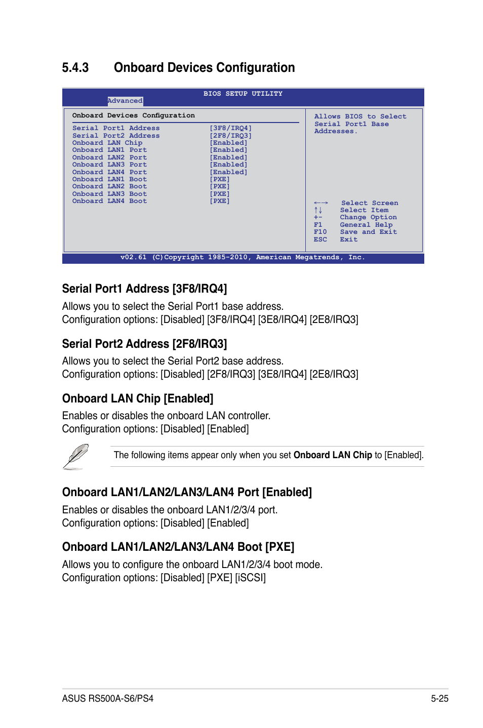 3 onboard devices configuration, Onboard devices configuration -25, Serial port1 address [3f8/irq4 | Serial port2 address [2f8/irq3, Onboard lan chip [enabled, Onboard lan1/lan2/lan3/lan4 port [enabled, Onboard lan1/lan2/lan3/lan4 boot [pxe | Asus RS500A-S6/PS4 User Manual | Page 89 / 116