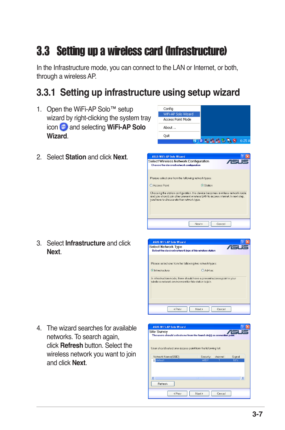 3 setting up a wireless card (infrastructure) -7, 1 setting up infrastructure using setup wizard -7, 3 setting up a wireless card (infrastructure) | 1 setting up infrastructure using setup wizard | Asus M2N32-SLI Deluxe User Manual | Page 23 / 38