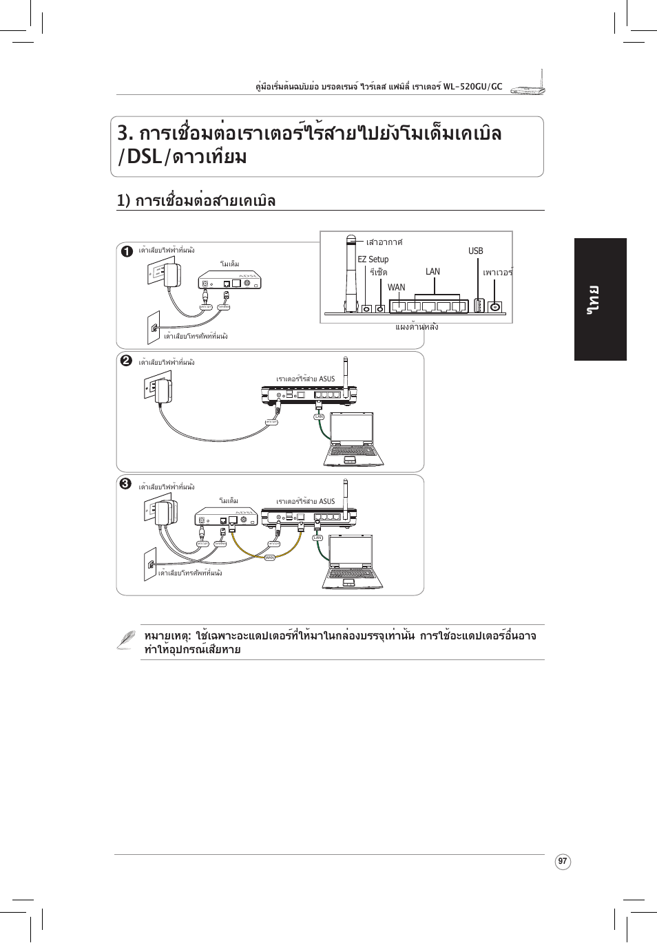 1) การเชื่อมต่อสายเคเบิล | Asus WL-520GU User Manual | Page 102 / 110